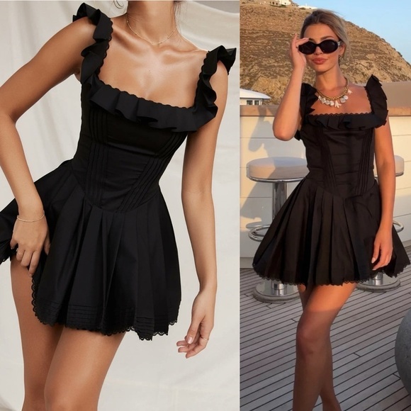 NEW! House of CB- Jemima Black Pin Tuck Pleated Mini Dress Size Large Ruffles - Picture 2 of 10